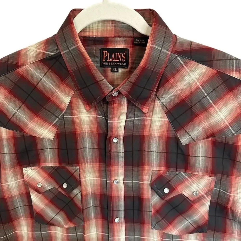 Plains Western Wear Men's XL Red Plaid Pearl Snap Shirt Short Sleeve‎ - VINTAGE - Picture 3 of 8